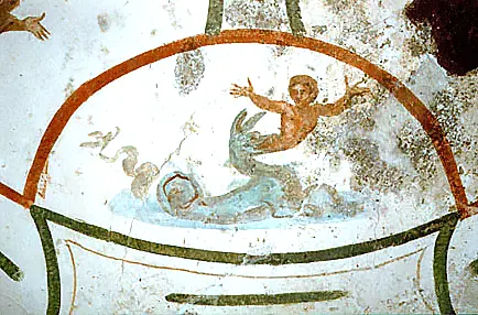 Jonás, tragado o expulsado por la ballena. Jonás y la ballena: fresco en las catacumbas de Santa Domitila y San Pedro, en Roma..