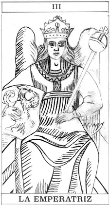 Arcano 3 del Tarot: La Emperatriz. Dibujo de la autora.