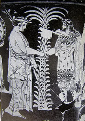 Apolo y Dioniso se dan la mano delante de una palmera.Cerámica griega, s. VI-V a. C.