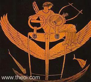Apolo sobre el trípode alado, con el arco y la cítara.