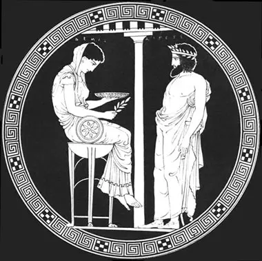 La pitonisa sentada sobre el trípode ritual, emitiendo su oráculo ante el rey de Atenas, Egeo.