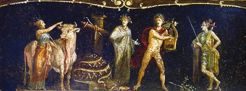 Llegada de Apolo al Oráculo de Delfos. Fresco en la Casa de los Vettii. Pompeya.