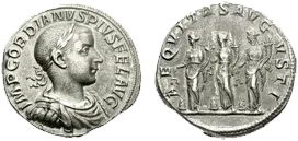 Reverso de una pieza monetaria con Las Tres Monedas representación en sí de la Aequitas y de los Triumviris Monetales