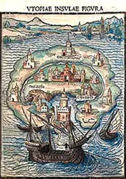 La isla de Utopía en la portada de una de las primeras ediciones del libro de Tomás Moro.