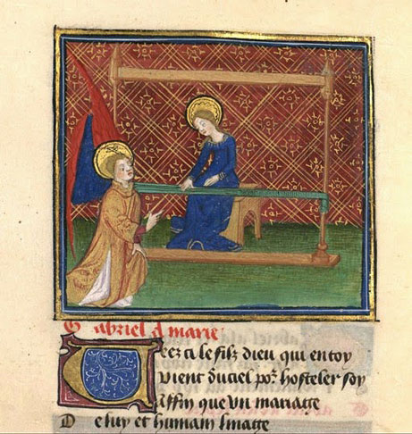 La virgen tejiendo en telar